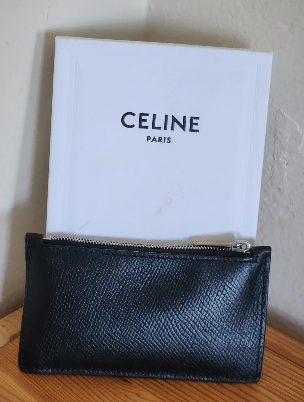 Celine Zipped Compact Card Holder In Grained Calfskin W/ Box